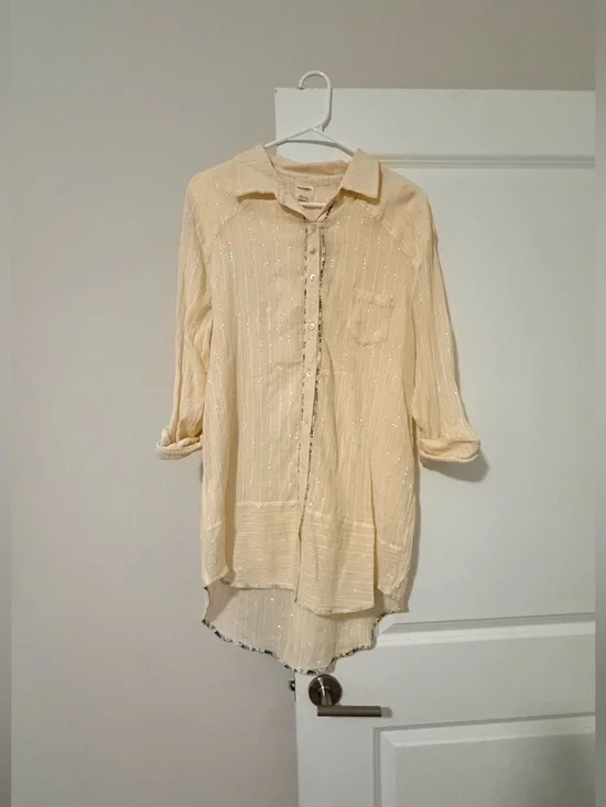 Free People Cream Metallic-Thread Midi Shirt Dress