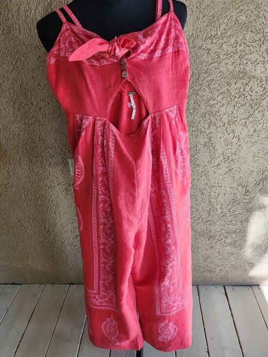 Free People Feel The Sun Linen Bandana Paisley Cutout Jumpsuit Romper Red 6