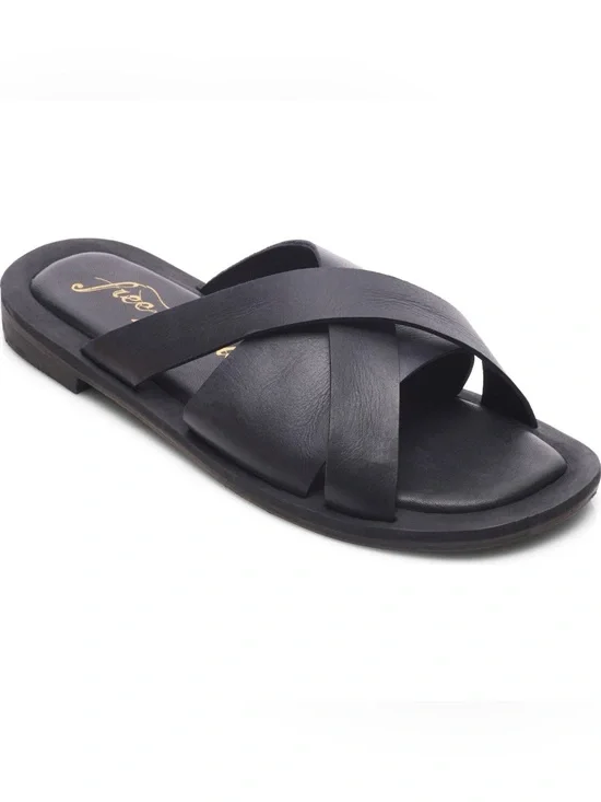 Free People Del Mar Slide Crossover Sandal Black Leather EUC 38 / 7.5