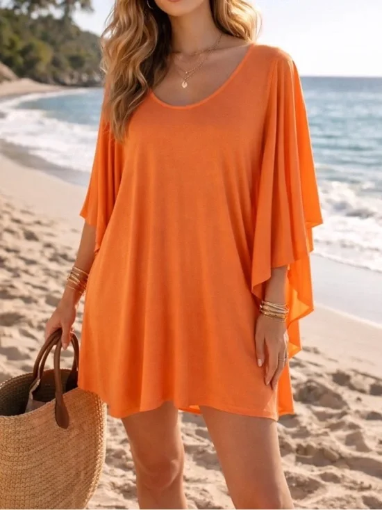 FP Beach Free People Dress Orange Scoop Neck with Flutter Sleeves Size Large
