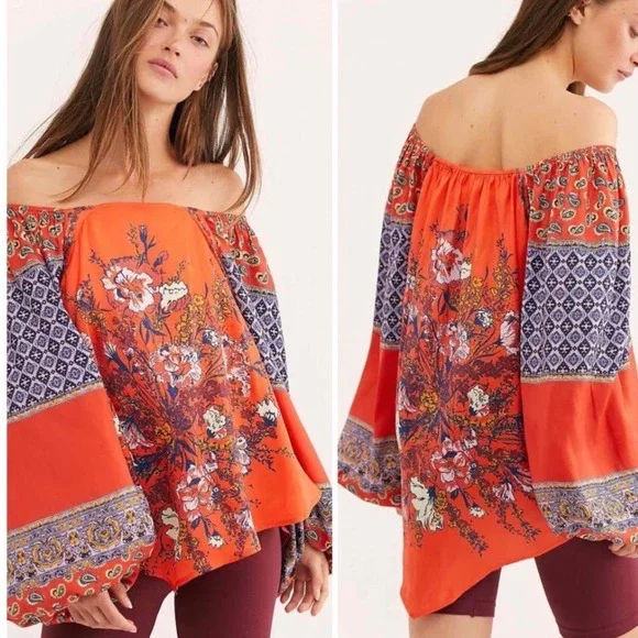 Free People Orange‎ Mixed Floral Paisley Boho Balloon Sleeve Peasant Blouse XS