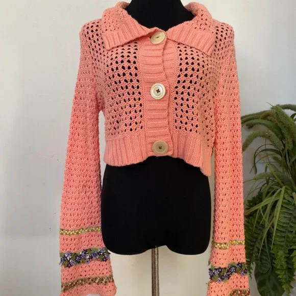 Free People‎ Knit Embroidery Peach Floral Boho Button Short Sweater Top Size L