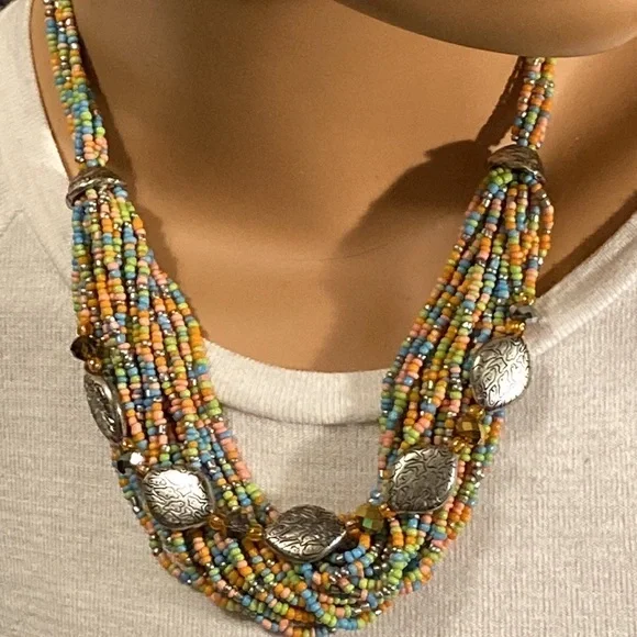 Fabulous bohemian multi-strand pastel seed bead necklace w/etched silver tone