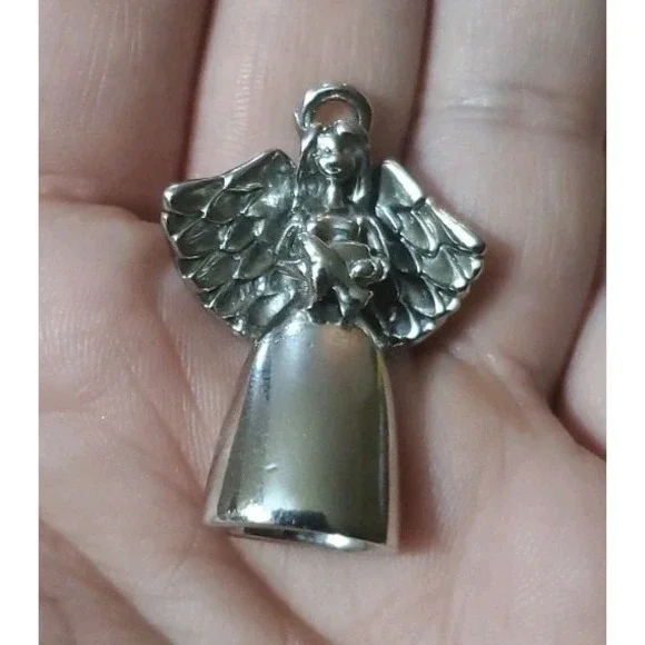 Vintage Pendant‎ Charm Guardian Angel with Dove 3D Peace on Back Silver Tone