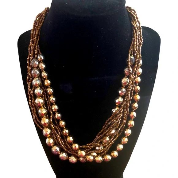 Disco Gold Bronze‎ Layered Beaded Accent Necklace 19 in