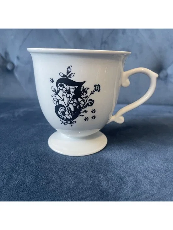 Anthropologie Pedestal Coffee Mug Tea Cup Initial J Black White Floral Fancy