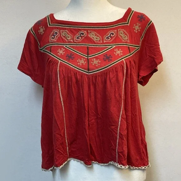FREE PEOPLE Square Neck Muse Embroidered Boho Peasant Blouse‎ Size XS