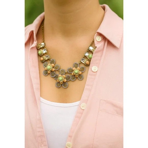 Gold‎ Tone Floral Statement Necklace Boho Vintage Pastel Bib Jewelry Gift
