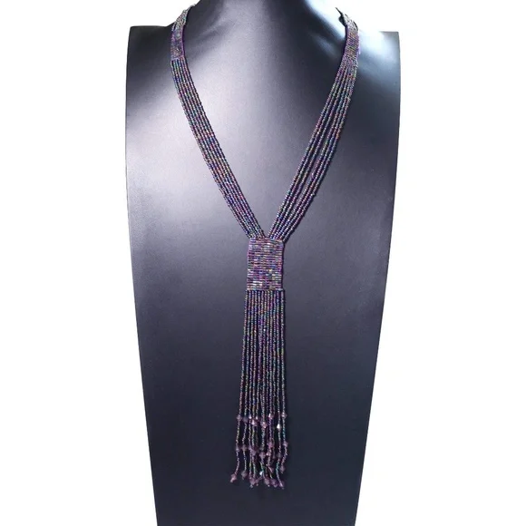 Womens Seed Bead Purple‎ Six Strand Infinity Necklace with Tassel