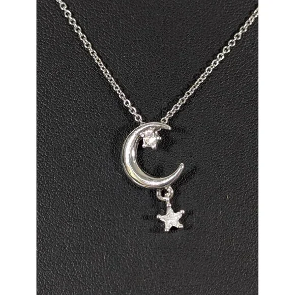 Silver Tone Rhinestone‎ Crescent Moon Star Charm Necklace Dainty 18