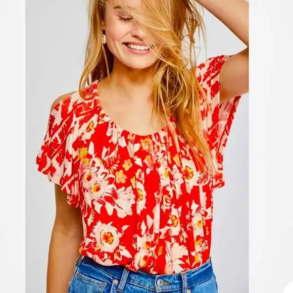 Free People Baja Babe Tie-Back Cold-Shoulder Floral Summer Top Sz M