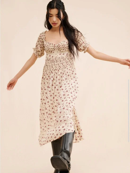 Free People Cream Midi Dress with Pink Floral Print