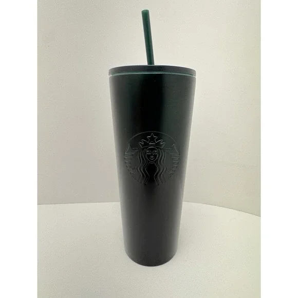 Starbucks  New Matte Black/Green Stainless Steel Cold Cup Tumbler 24oz w/ Straw