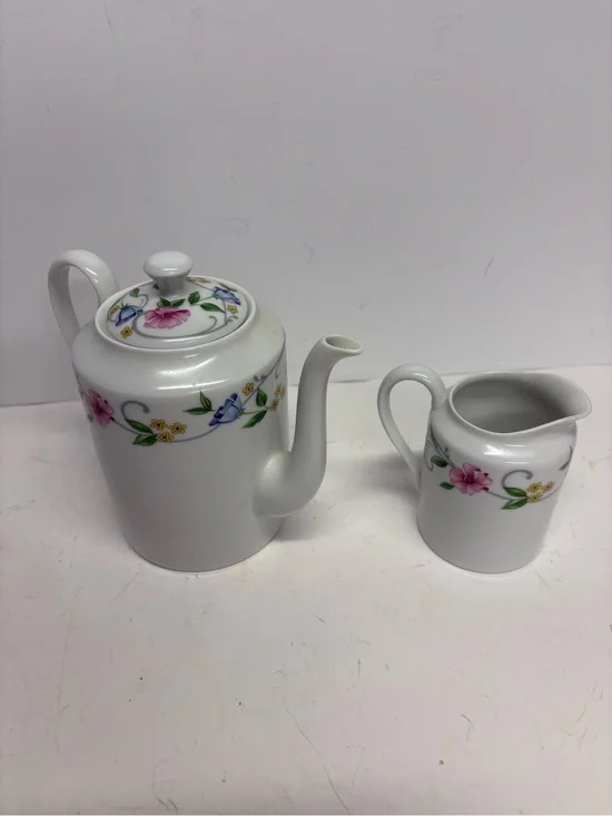 Vintage Limoges France Porcelain Floral Teapot and Creamer Set 2