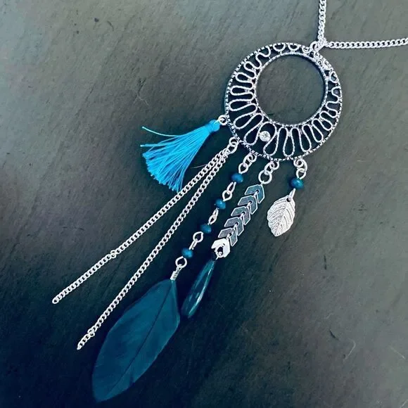 Silver Turquoise Blue Boho Feather Long Silver Necklace