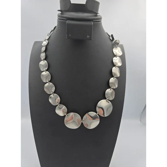 MILOR Italy Statement Necklace Silver Tone Disc Collar Adjustable‎