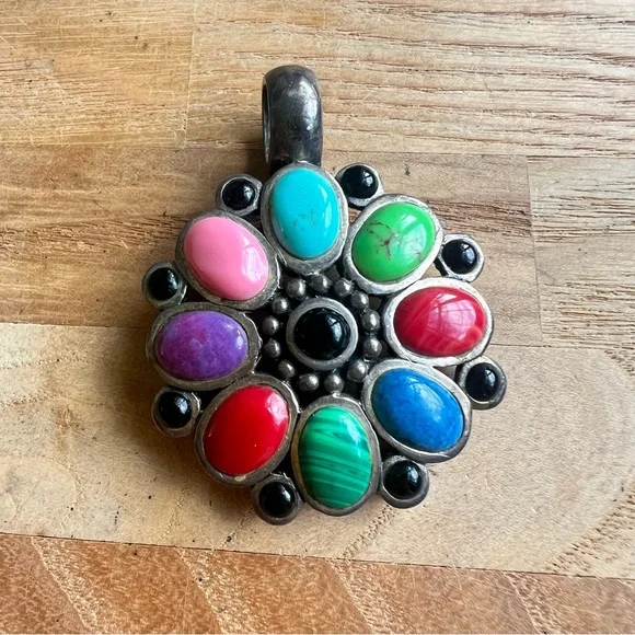 Vintage style 925 Sterling silver multi gemstone floral pendant