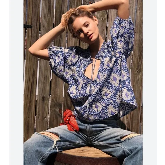 Free People Willow Purple Blue Floral Smocked Puff Sleeve Blouse‎ Oversizd