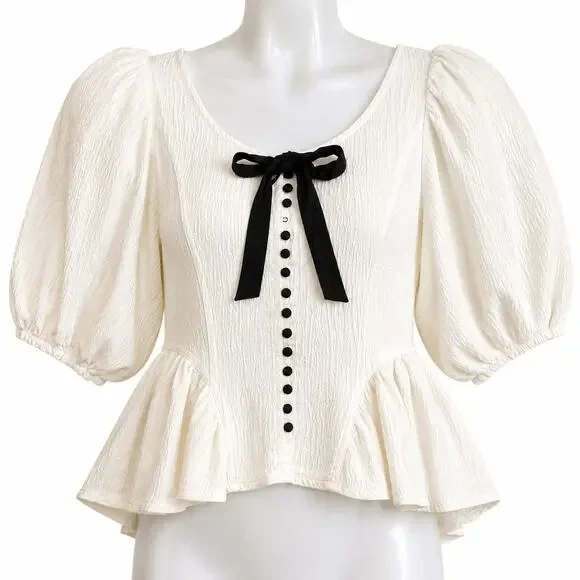 Free People NWT Cream Peplum Blouse Women's XL Textured Puff Sleeve Bow Top