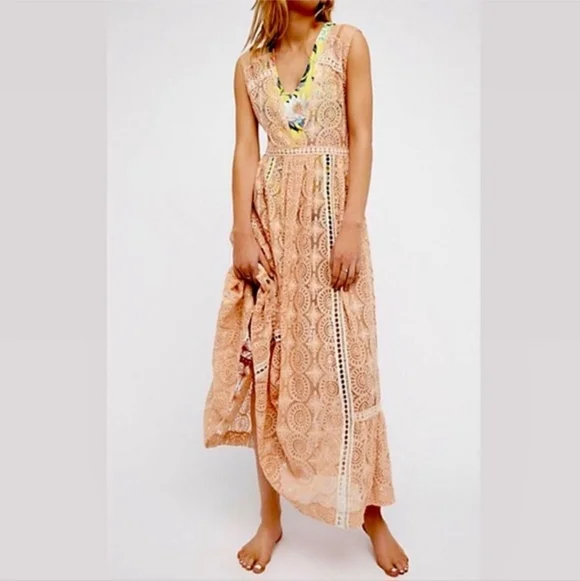 FREE PEOPLE FP Peach Shine Sheer On Maxi Dress Women's Large L Bohemian Lace EUC