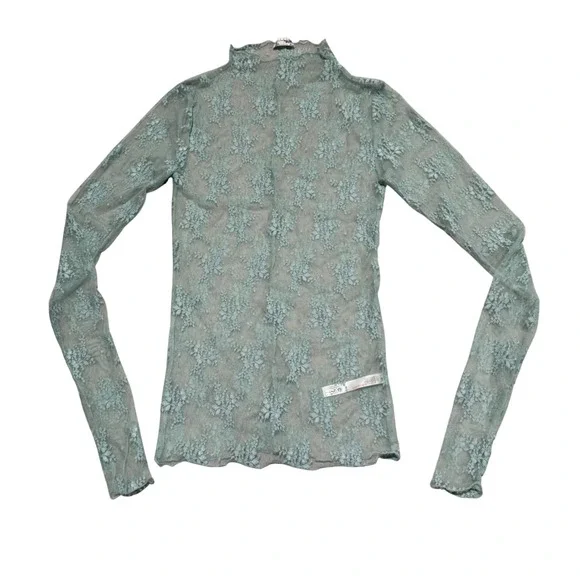Free People Intimately Sheer Floral Lace Mock Neck Top Blouse Green Blue Small