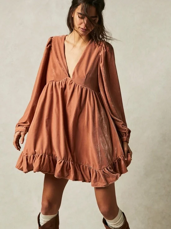 Free People Estella Velvet Mini Dress Boho Prairie Romantic Babydoll Size L