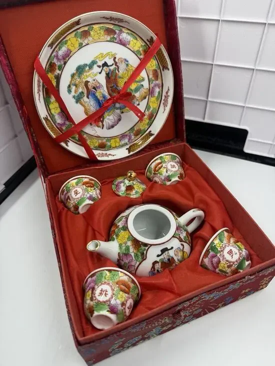Vintage Miniature China Tea Set With Colorful Kimonos & Flowers In Red Silk Box