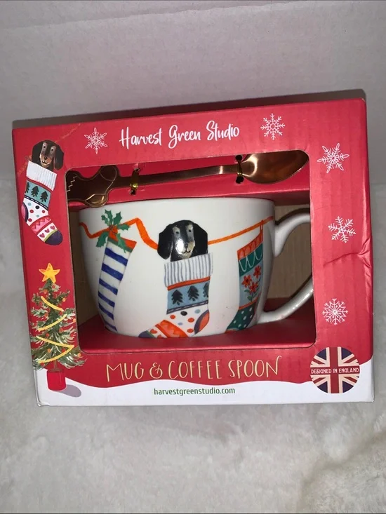 Christmas Stocking Dog Mug with Gold Spoon - White NIB