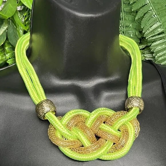 Necklace Women Fashion Gold Tone Green Rope Choker Braided Statement 3980‎