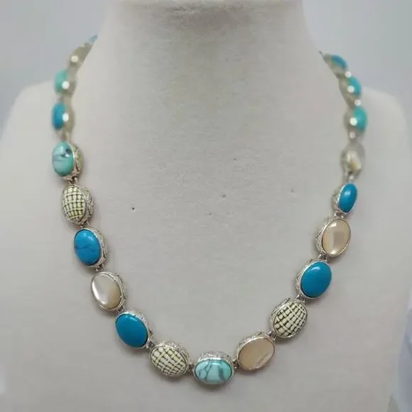 Vintage Monet Necklace Semiprecious Gemstone Turquoise Howlite MOP Signed 18
