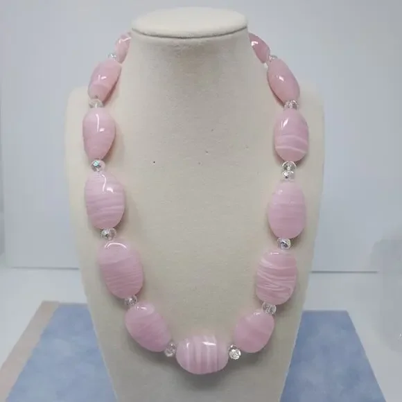 Pink Art Glass Striped Bead Necklace Chunky Heavy 22