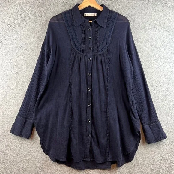 We The Free Free People Navy Blue Lace Pintuck Gauze Button Down Tunic Top M