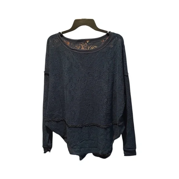Free People Not Cold in This Floral Brushed Lace Knit High Low Top Teal