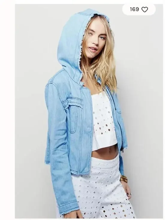 Free People Cropped Denim Jacket Hooded Raw Edge Light Wash Boho Festival L