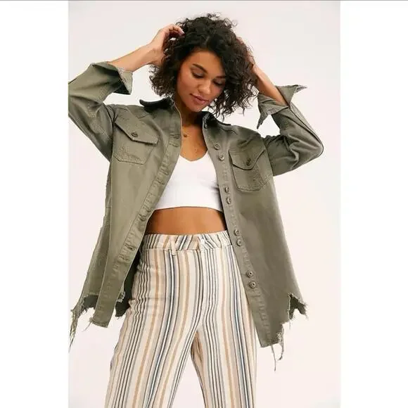 Free People Moonchild‎ Distressed Denim Shirt Jacket Medium