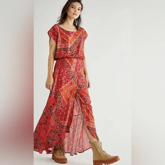 NWT FREE PEOPLE‎ Blakely Maxi Dress Red Motif M