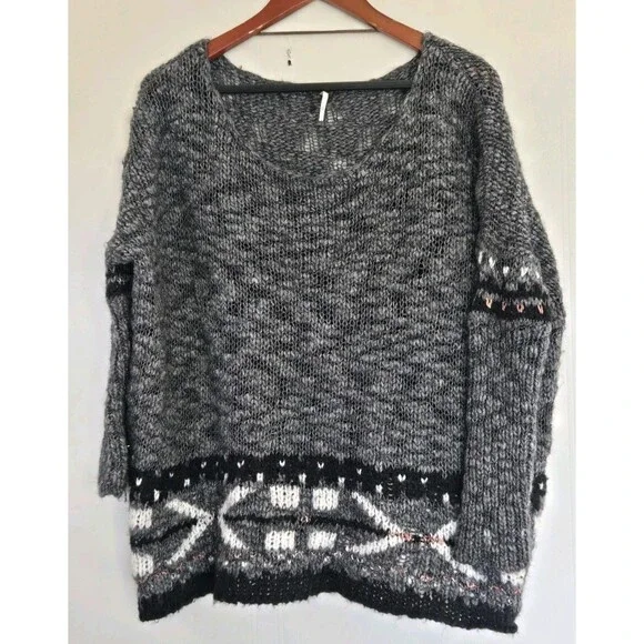 Free People Sweater Womens XS Wool Mohair Boho Oversized Arrow Gray Native Indie