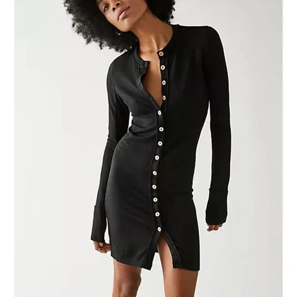 Free People Gia Button Down Knit Maxi Cardigan‎ Dress in Black sz XS