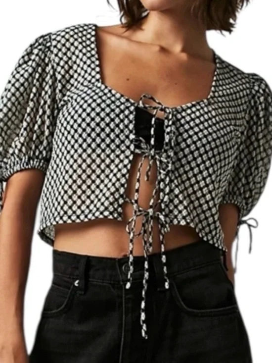 Free People Sweet Sun Black & White Lace-Up Cropped Blouse