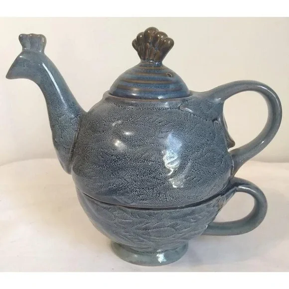 Peacock Tea Set 3 Piece Cup Pot Lid‎ Ceramic Blue Chicken READ