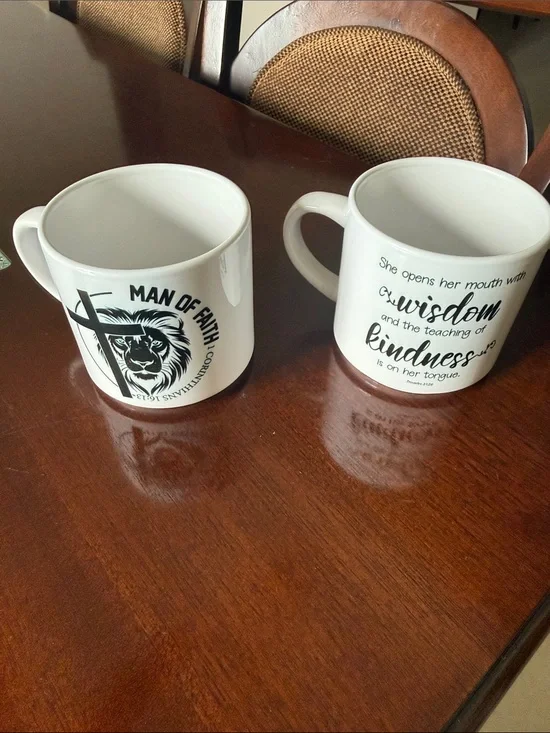 Cricut White Ceramic Mugs with Black Scripture and Lion Designs
