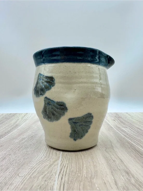 Vintage Blue & Beige Salt Glazed Creamer Handmade Stoneware Pottery Signed