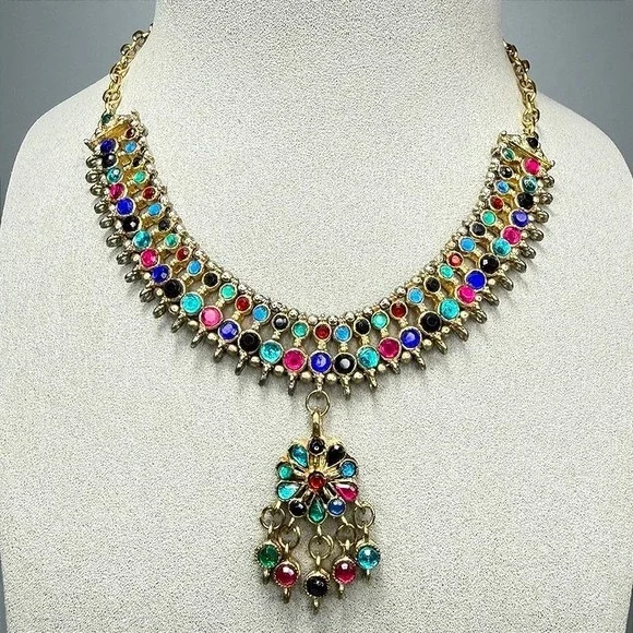Multicolor Egyptian Revival Rhinestone Gold Tone Bib Necklace Statement 16