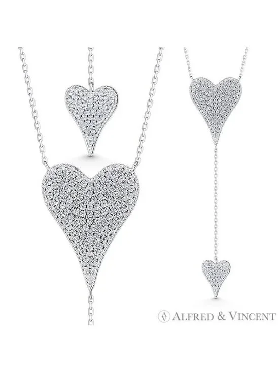Large Heart & Small Drop-Heart CZ Crystal Pave Necklace in .925 Sterling Silver