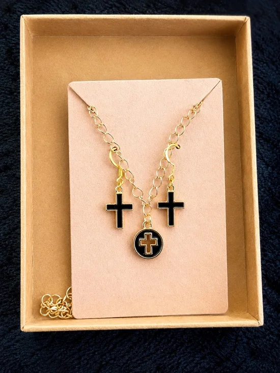 Midnight Faith | 14K Gold Plated Black Cross Jewelry Set | 925 Sterling Silver