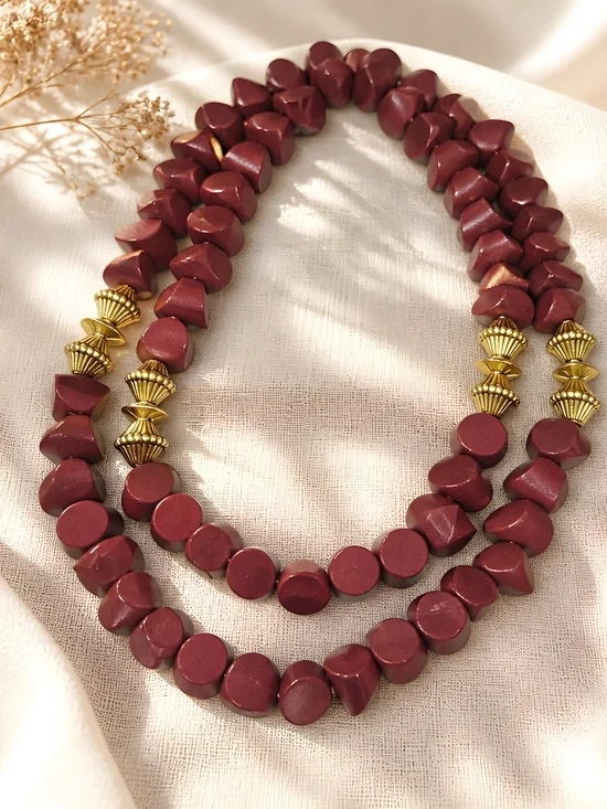 Plunder Double-Strand Maroon Wooden Bead Necklace with Gold Accents