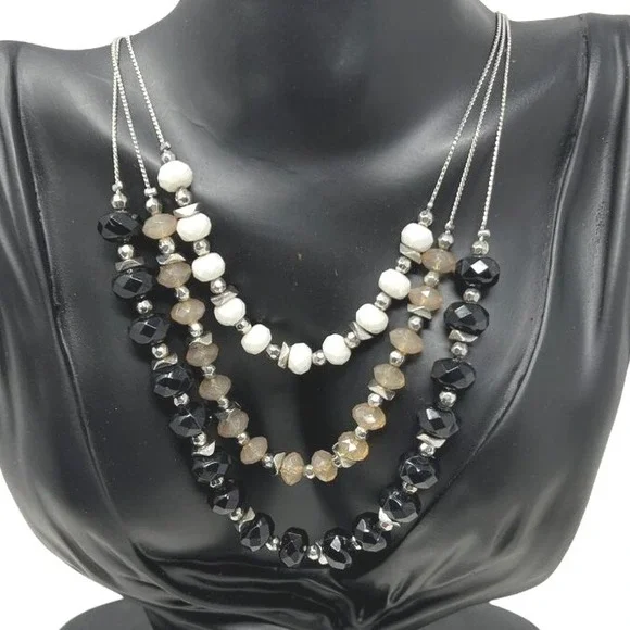 NY Statement‎ Necklace Multi Chain Layered Black White Pink Beads Silver Tone