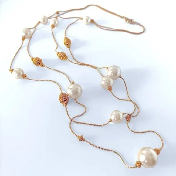 Vintage Faux Pearl Gold Coil Beehive Beaded Necklace