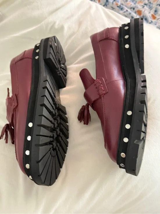 Free People Red Leather Chunky Lug Sole Tassel Loafers Studded Platform 9.5