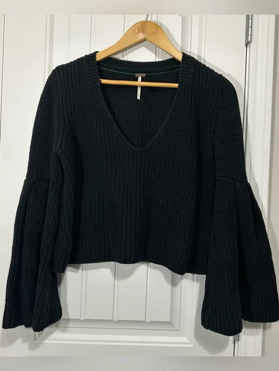 Free People Black Ribbed V-Neck Sweater